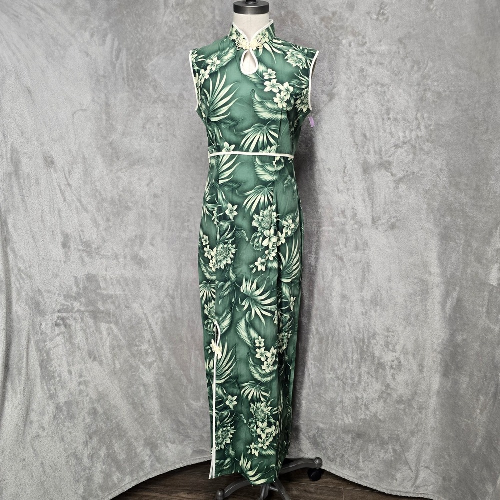 Amy Lee Cheongsam Dress Womens M Green Floral Hawaiian Tropical Maxi Qipao Retro